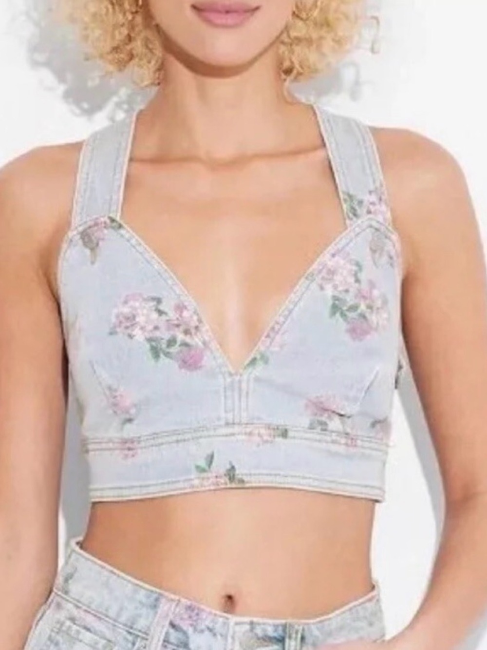 Wild Fable Floral Denim Bralette Crop Top Vest Light Wash V-Neck XXS Cottagecore